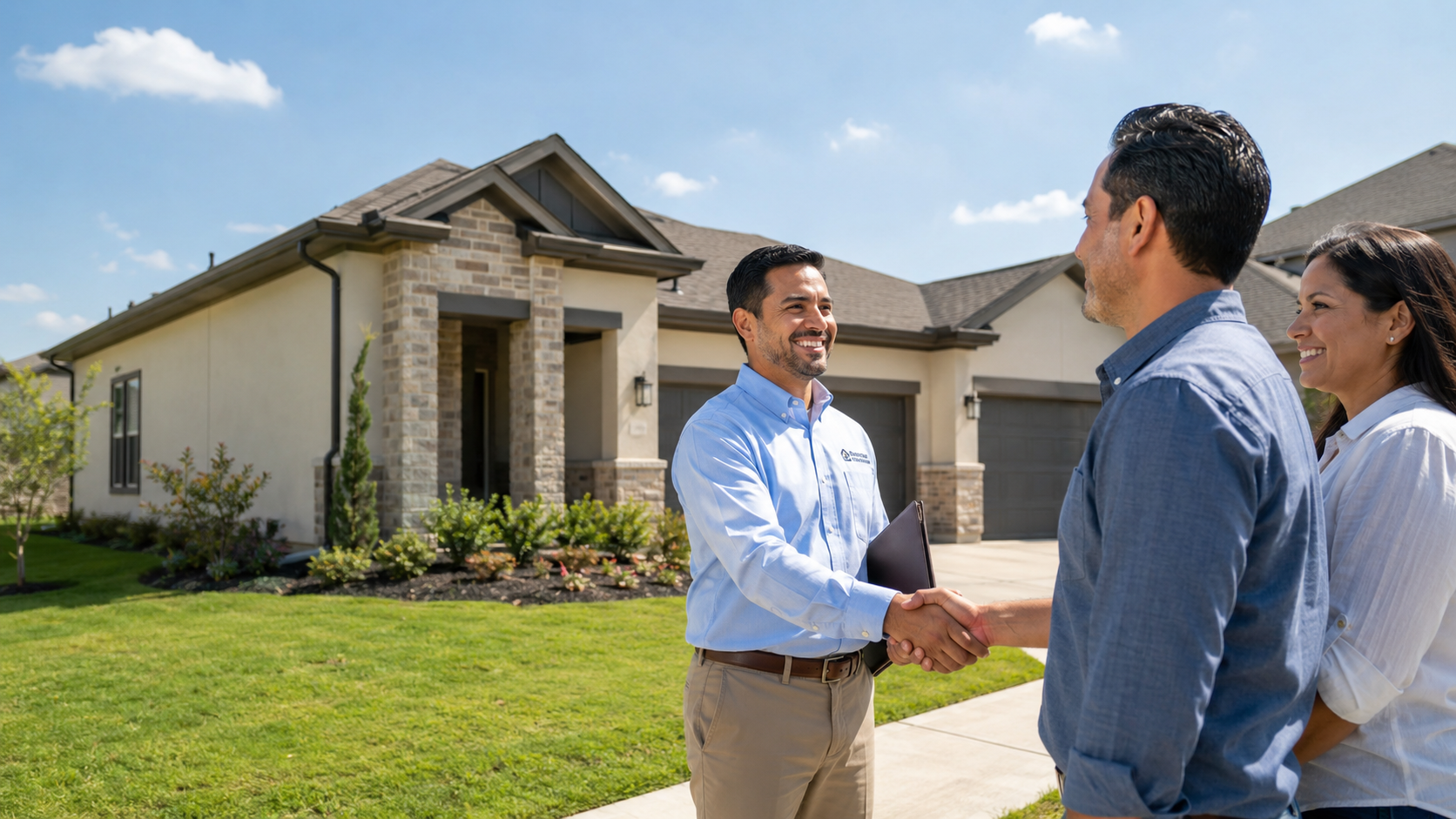 construction project manager shaking hands with homeowners